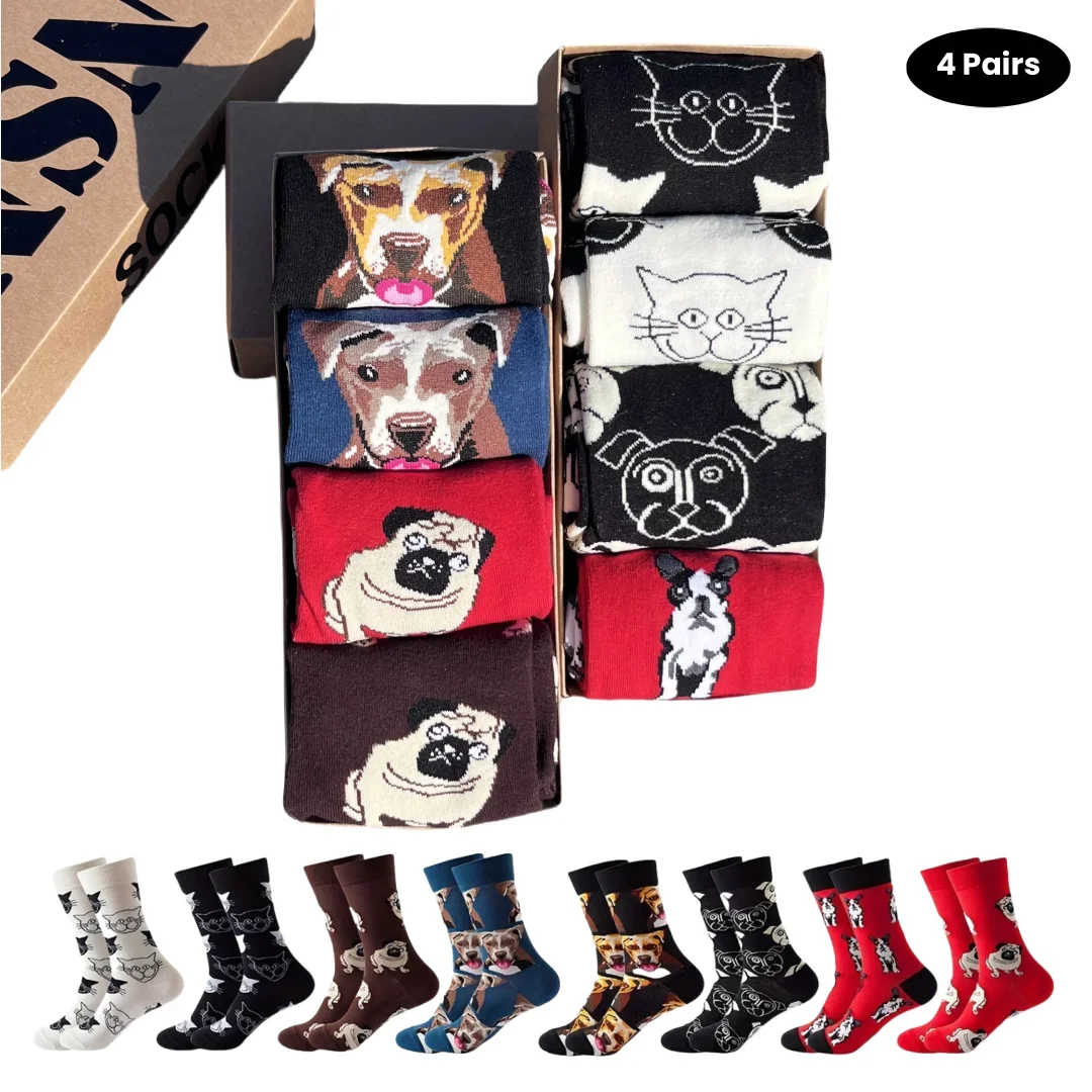 4 Pack Mid-Calf Men's Socks Dog Spring/Autumn Animal Print Unique Fashion Unisex Style , Designer Socks , Funny Socks