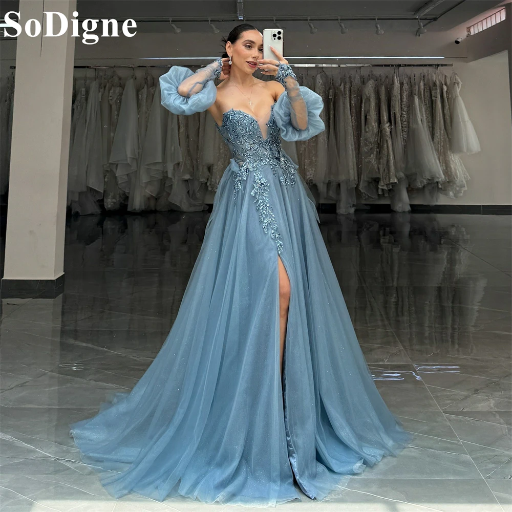 SoDigne Dusty Blue Tulle Evening Dresses Sweetheart Puff Sleeves Lace Appliques Pleated Party Dress A-Line Prom Gowns Customized