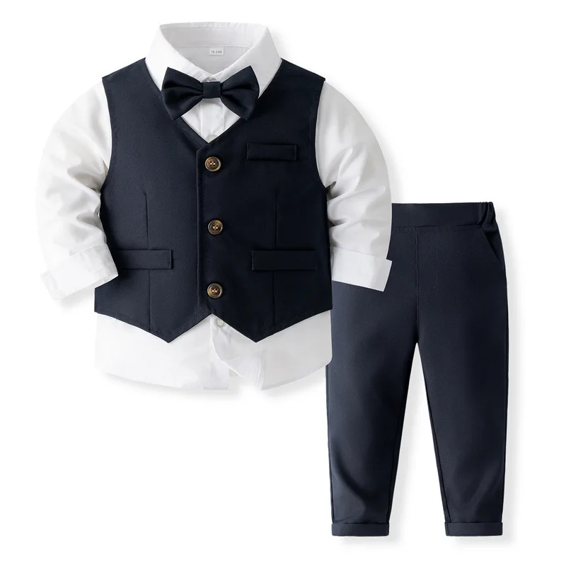 4Piece Sets Spring Autumn Boys Clothing Korean Fashion Gentleman Tie Cotton Long Sleeve Baby Tops+Vest+Pants Kids Clothes B161
