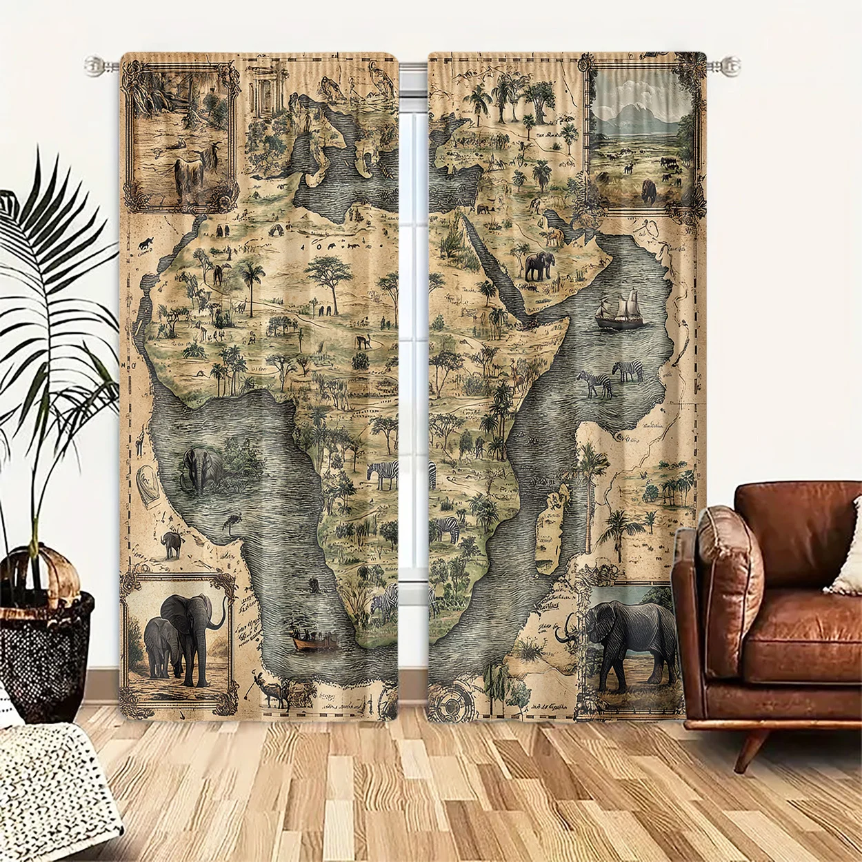 Vintage Africa Map Curtain 2 Panels, Antique Map Elephant Zebra Savannah Animal Parchment Print, Drapes for Bedroom Curtain