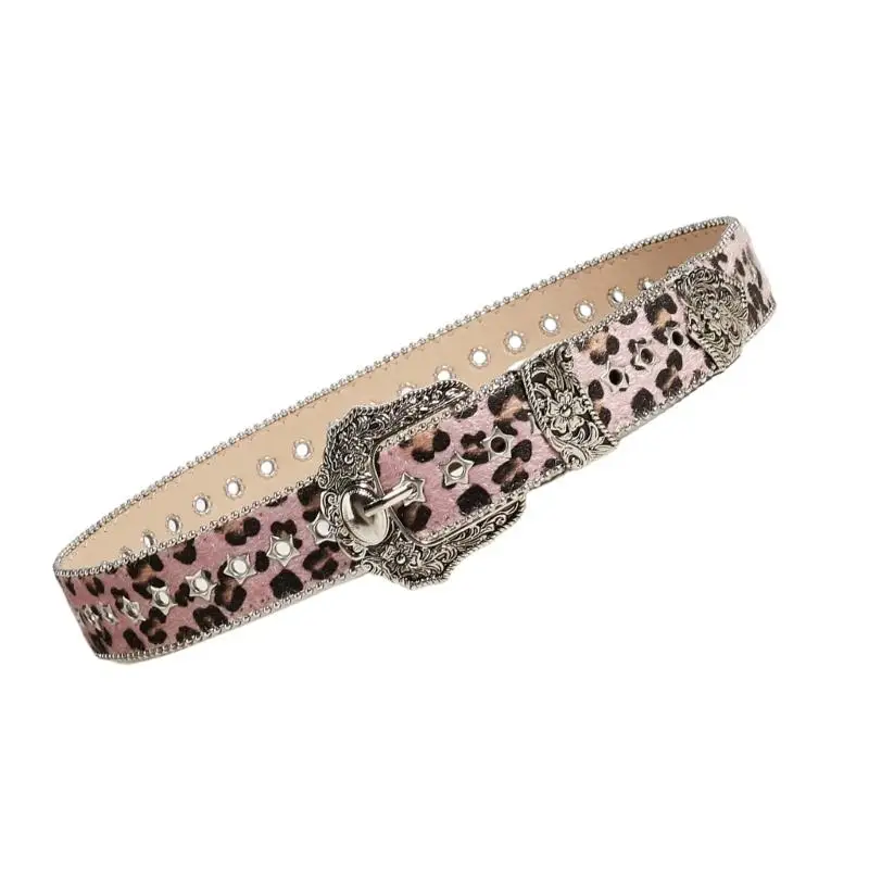 A52E 2000S Leopard Print Waist Belt 3.8CM Wide Adjustable Waist Strap with Bead Trim Pin Buckles For Women Girl Streetwear
