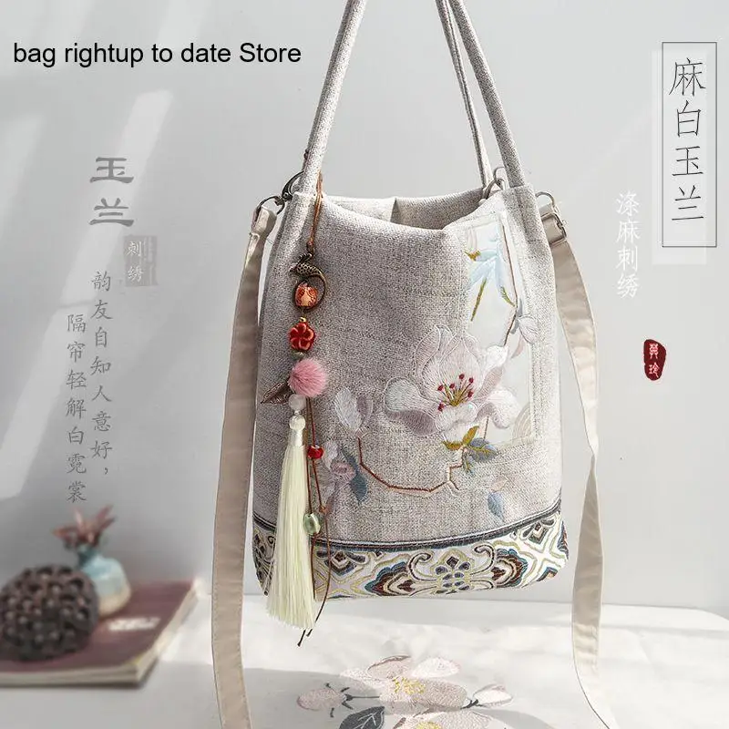 Chinese Style Retro Artistic Ancient Style Han Dynasty Embroidery Zipper Canvas Hand-Held Crossbody Bucket Bag Woman