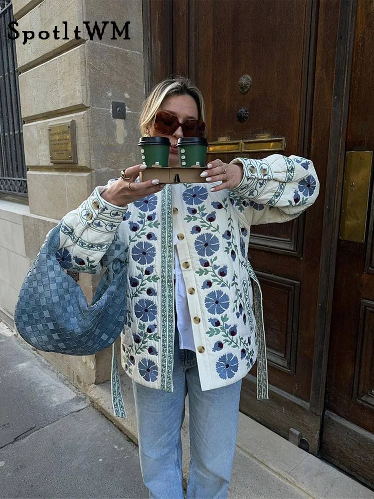 Abrigo de algodón con estampado Floral y cinturón para mujer, chaqueta de manga larga con cuello redondo, botonadura única, ropa de calle cálida e