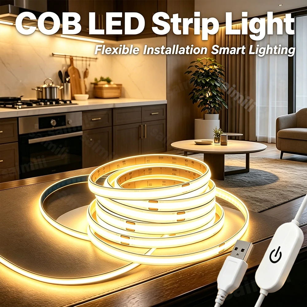 COB LED Lights Touch Dimmer Flexible Diode Tape COB Lights Strip 5V USB Powered for Cabinets TV Backlight Room Decor