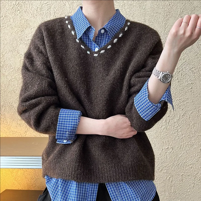 

Autumn new casual V-neck loose pullover knitted sweater women's top