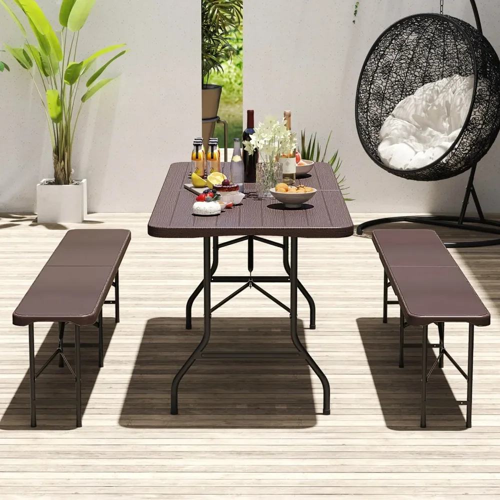 6 ft Portable Folding Table w/ Wood Grain HDPE Tabletop Safe Lock Mechanism view 3
