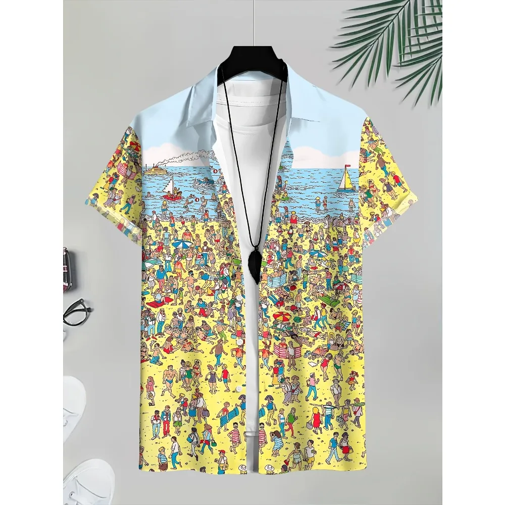 

2026 New US Korean Hot Aloha Hawaiian Shirt Cartoon Beach Crowd Print Oversized Short Sleeve Vacation Unisex Blouse