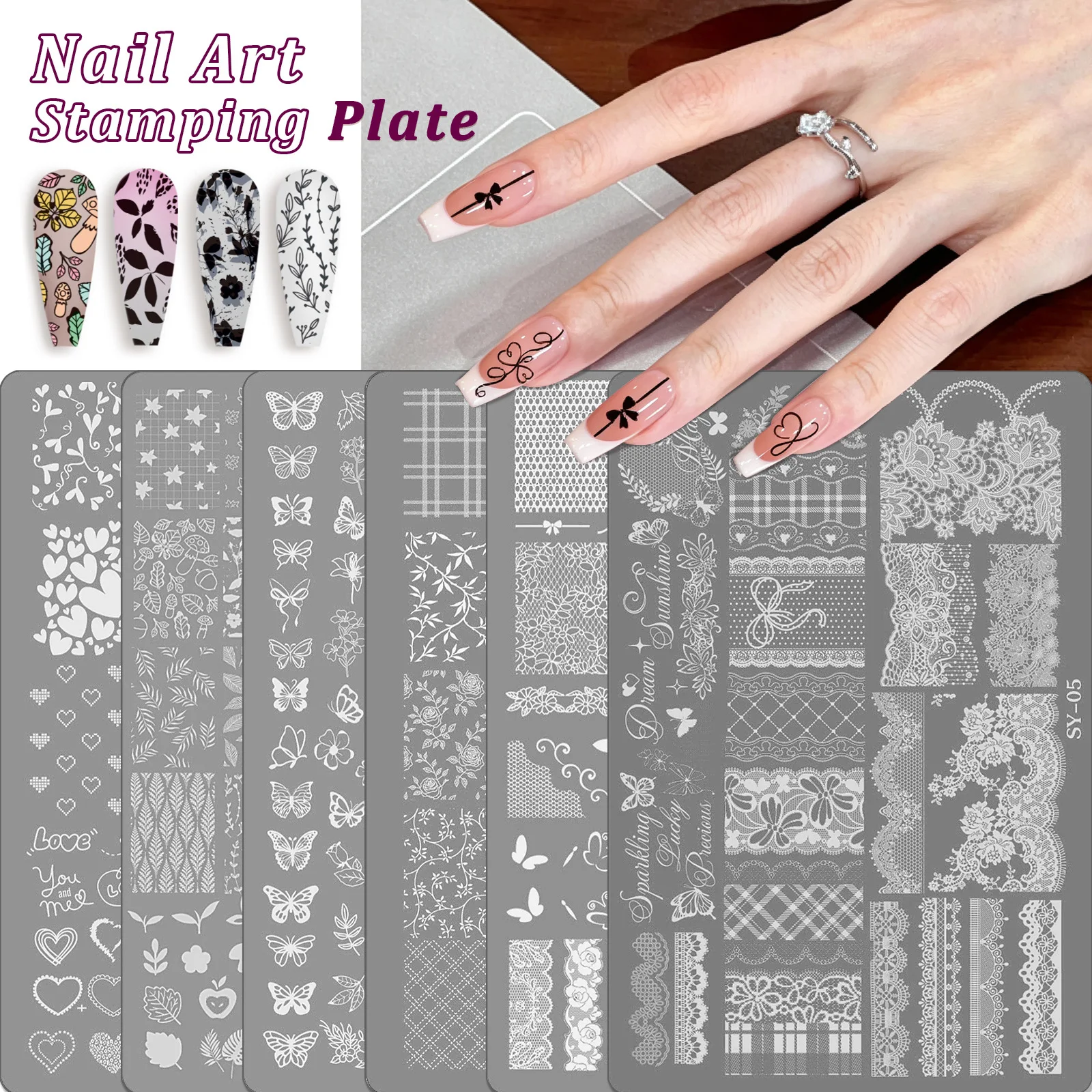 Nail Art Stamping Plate Lace Butterfly Rose Floral Ribbon Bow Plaid Pattern Nail Transfer Template Mold