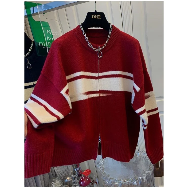 

Вязаный кардиган большого размера 300 пу с двойной молнией, свободный крой, весна-осень, в полоску, в стиле «ленивый шик»