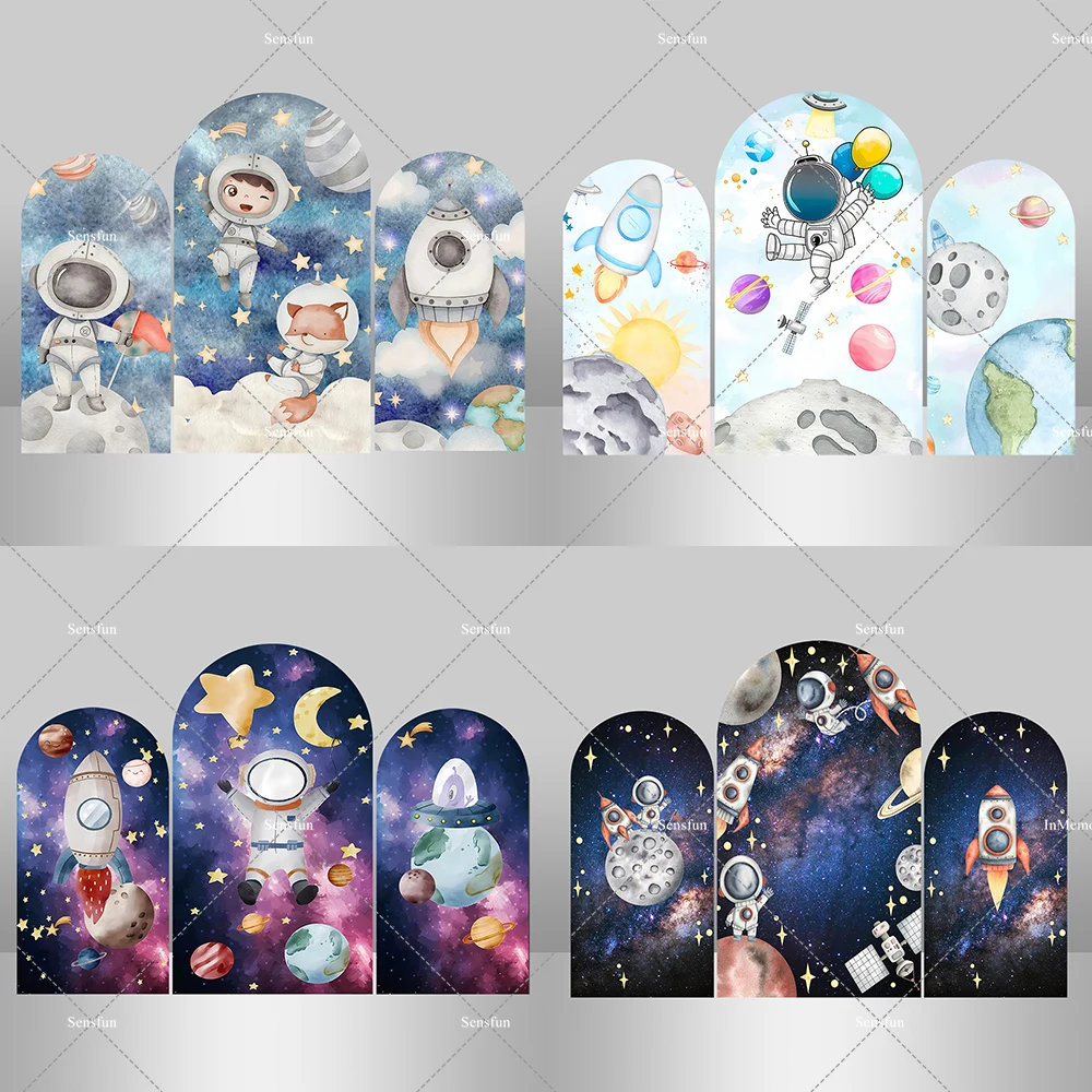 الفضاء الخارجي رائد الفضاء الصبي 1st حفلة عيد ميلاد قوس خلفية غطاء استحمام الطفل ديكور غالاكسي صاروخ كوكب خلفية لافتة الحفلات