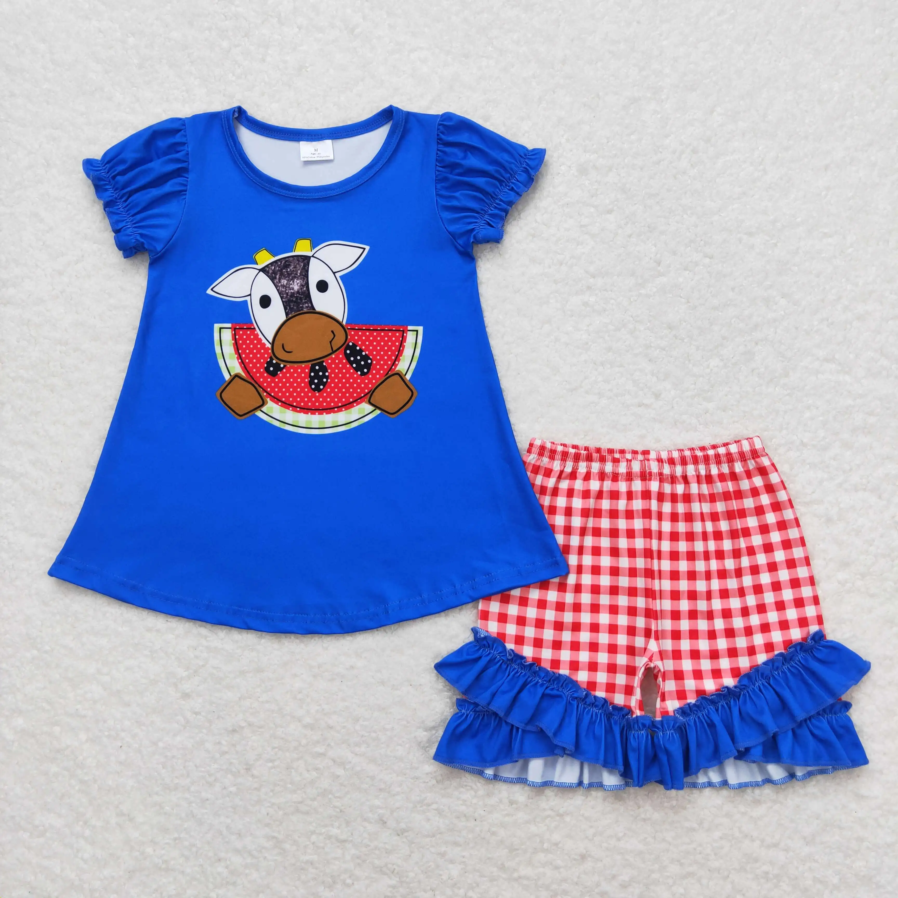 

z91-17 GSSO1048 Wholesale toddler girls clothes Cow Watermelon Blue Short Sleeve Lace Shorts sets Summer kids clothes girl sets