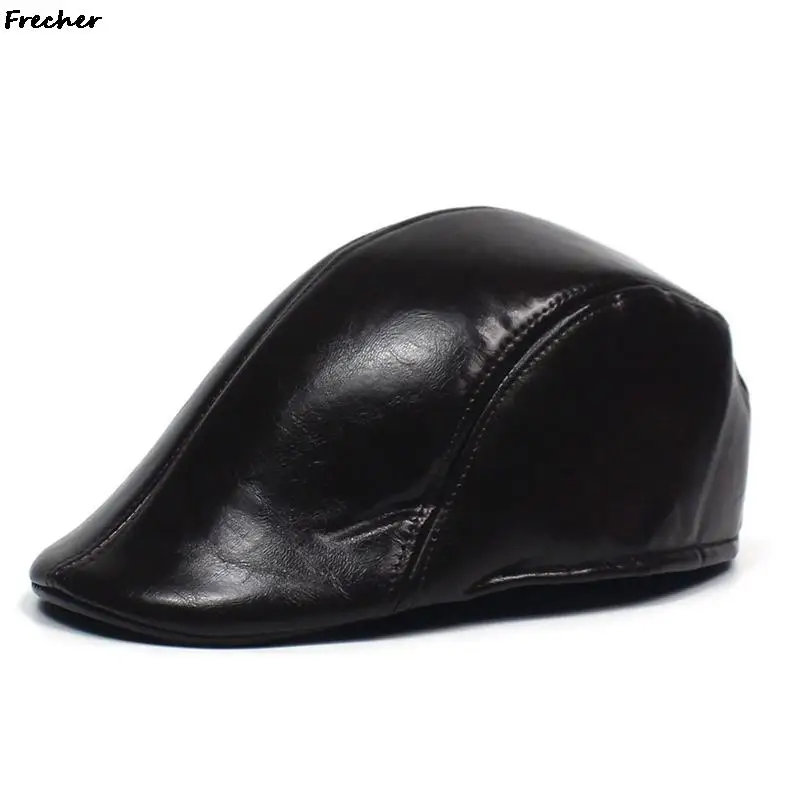 Bright Leather Cabbie Cap Men Winter Warm Newsboy Caps British Classic Retro Themed Hats Male Driving Working Berets Gorras