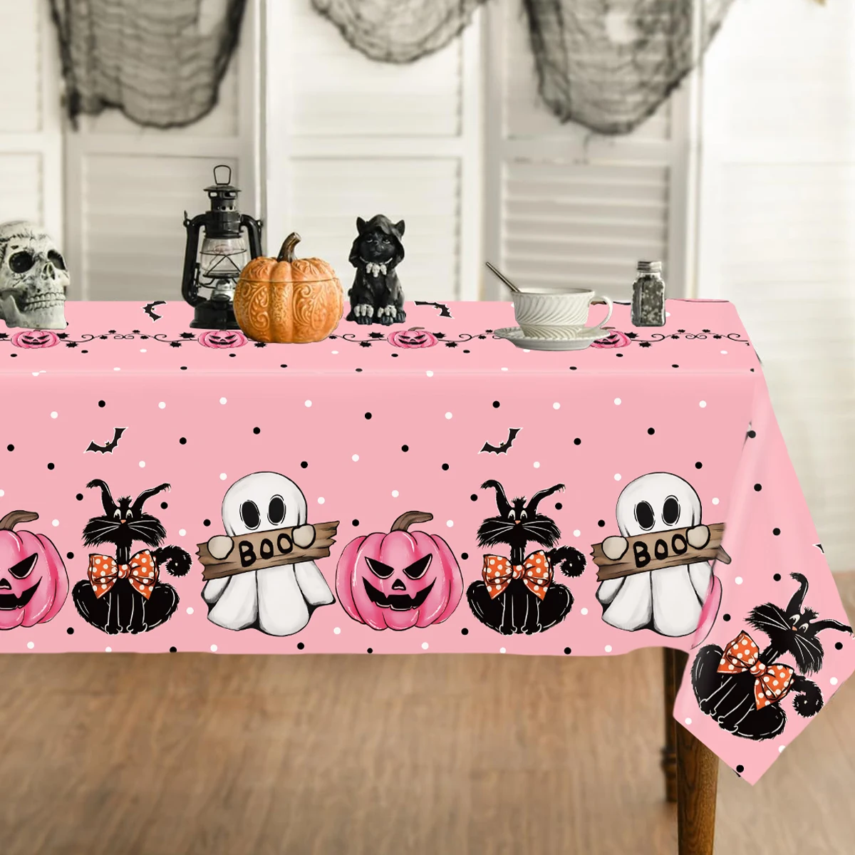 Halloween-Tischdecke, rund/Traingle, schwarz, rosa, Kürbis, gruseliger Boo, bedruckt, dekorativer Esstischbezug für Zuhause, Party, Dekoration