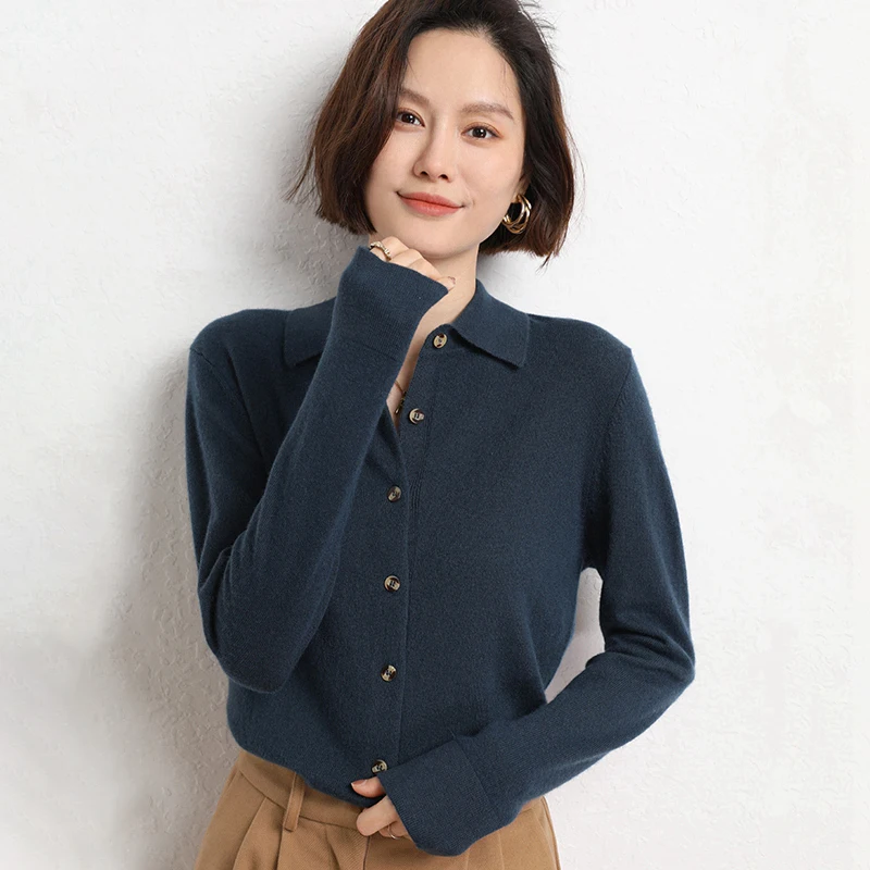 Otoño Invierno mujer suéter de mezcla de lana cuello Polo cárdigan a medida nueva moda Casual de punto chaqueta suave suelta parte superior inferior