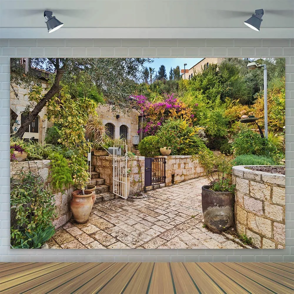 Israel Jerusalem Old Street Town Narrow Alley Backdrop Rock Stone Wall Background Birthday Party Room Decor Spring Garden Flower