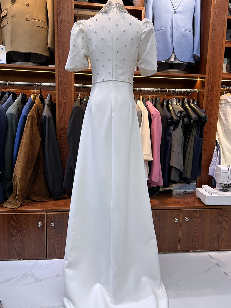 Customized women's shirt collar white beaded evening gown, adjustable size and color for special occasions