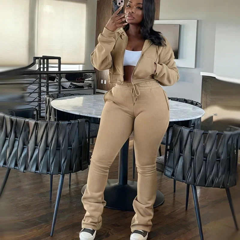 Doyerl الصلبة عارضة قطعتين مجموعة امرأة رياضية رياضي الجري طويلة الأكمام البريدي مقنعين سترة أعلى و Sweatpants مطابقة مجموعات #4