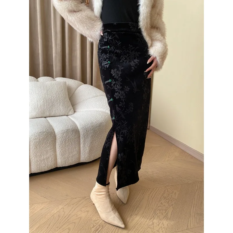 New Button Bamboo Jacquard Thickened Side Split Velvet Women's Skirt