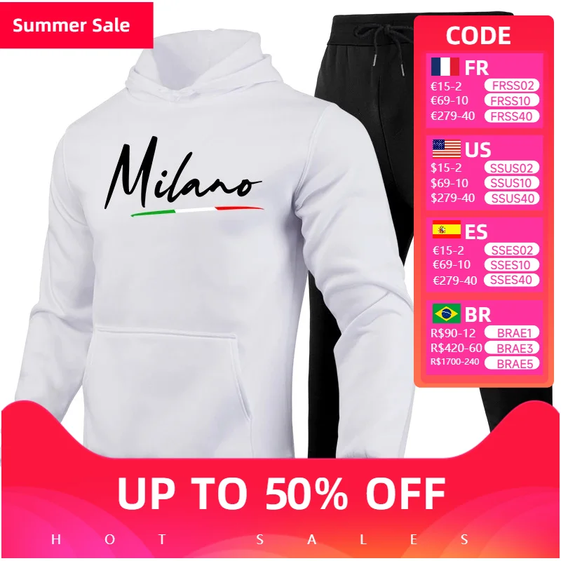 

Milan Printing Mens Tracksuit Casual Sweatshirts for Men High Quality Hoodies+Sweatpants 2 Pcs Set Hot Sales Jogging Streetwear