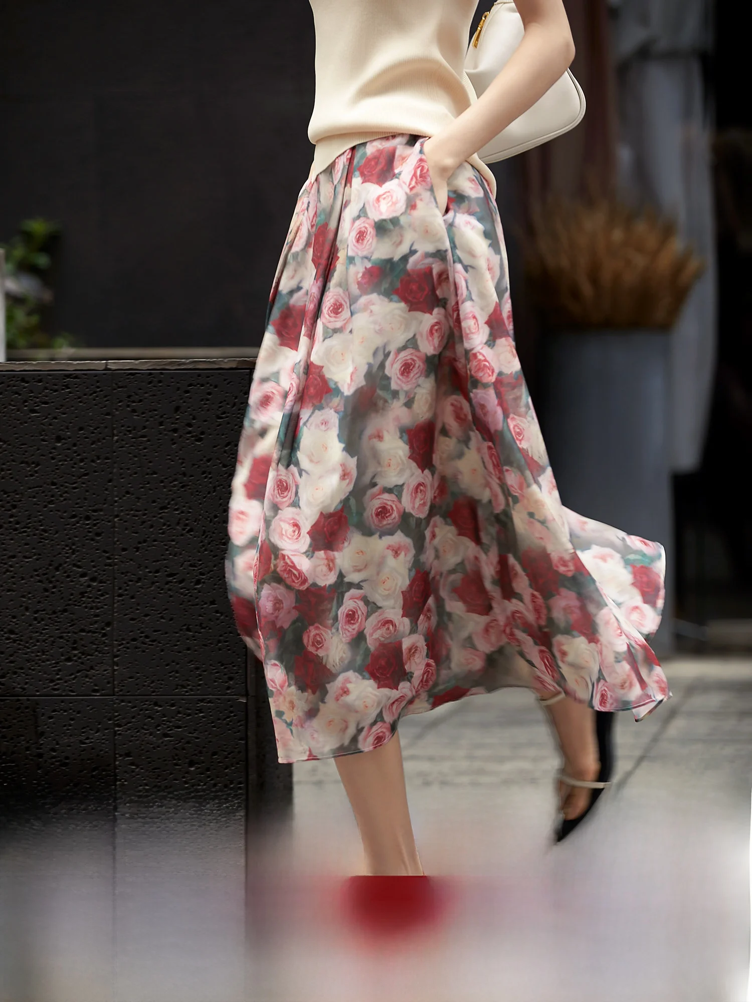

Ele Austin Rose A-Line Midi Skirt Versatile Floral Print Busin Casual Polyester Fiber Stand Fit Ci Commute Suitable