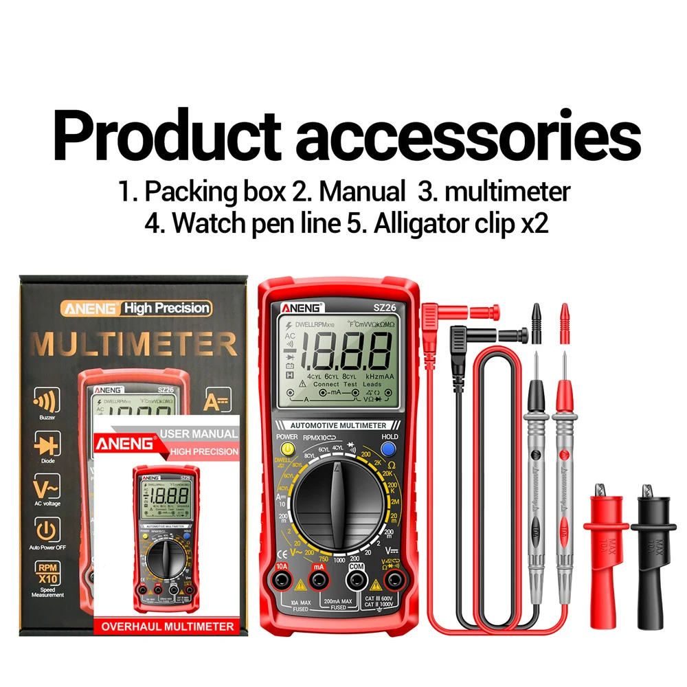 

SZ26 Digital Multimeter AC/DC Voltage DC Current 1999 Count High Precision Car Overhaul Multimetro Diode Resistance Tester