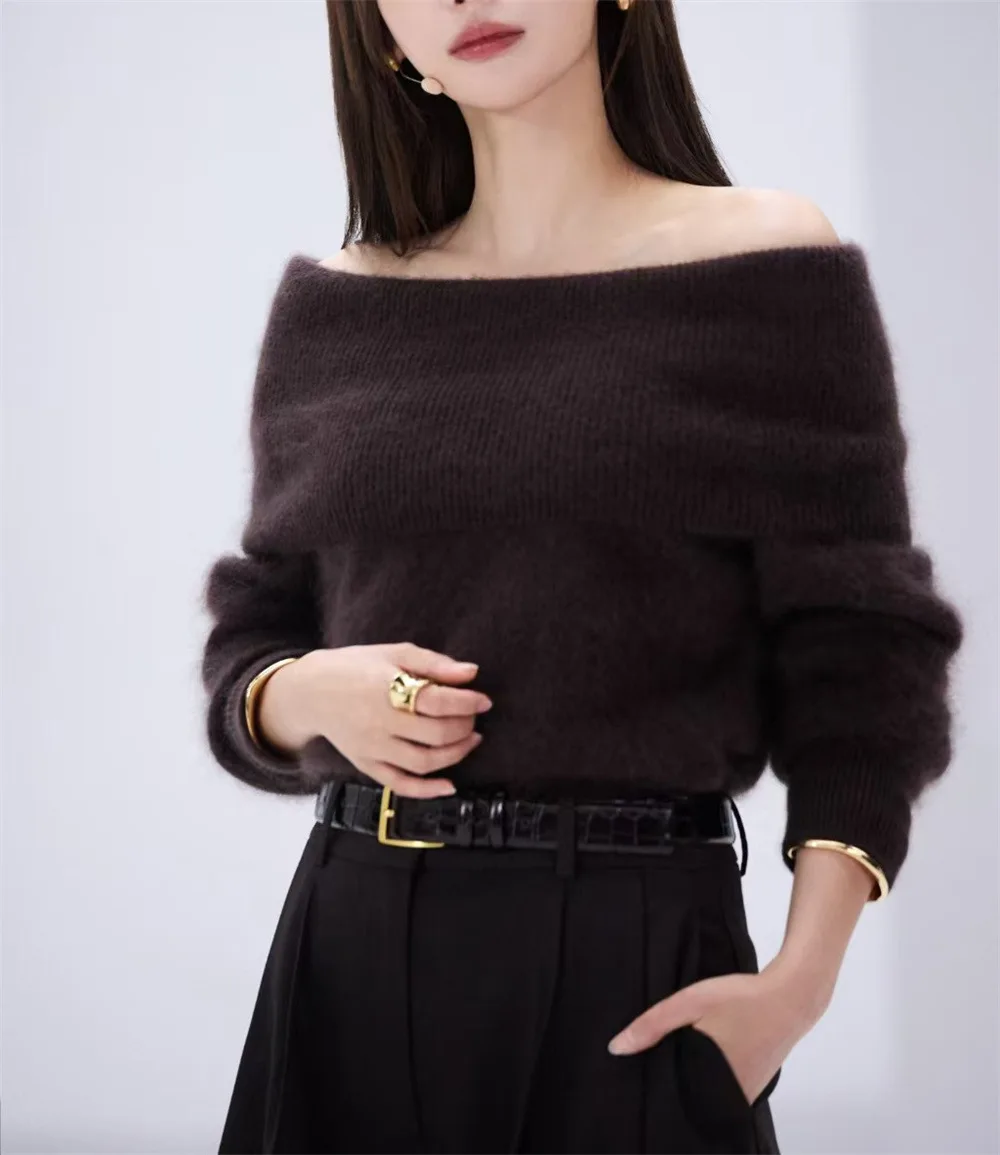 2026 Autumn Winter New Women Niche Solid Color Off Shoulder Cuff Trim Knit Sweater, Mohair Cold Shoulder Long Sleeve Top
