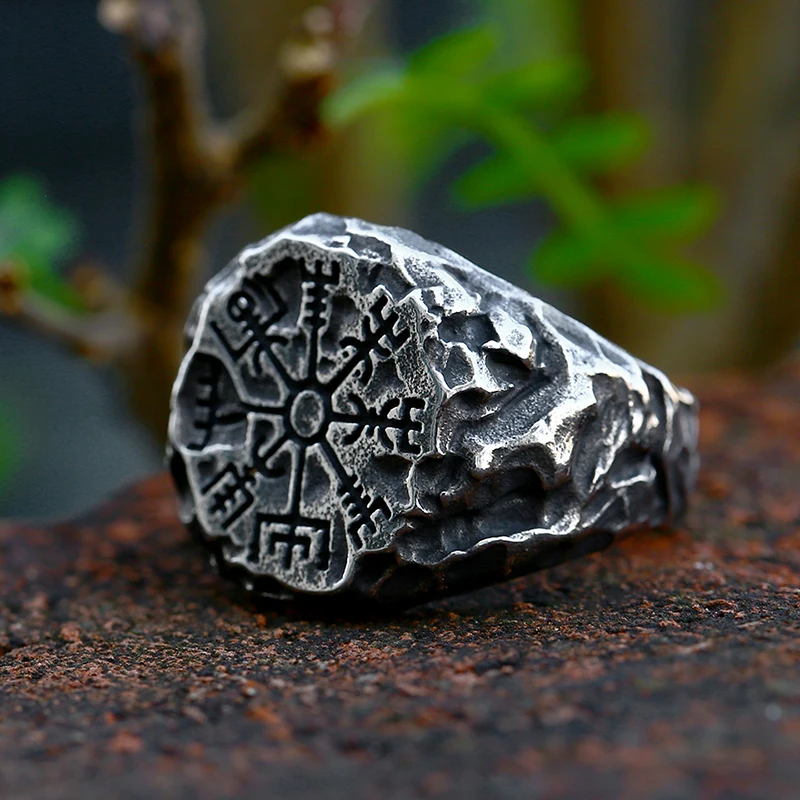 BEIER 2022 New Design Viking Runes Compass Stone Ring Nordic Viking Totem Odin Meteorite Fashion Jewelry Wholesale