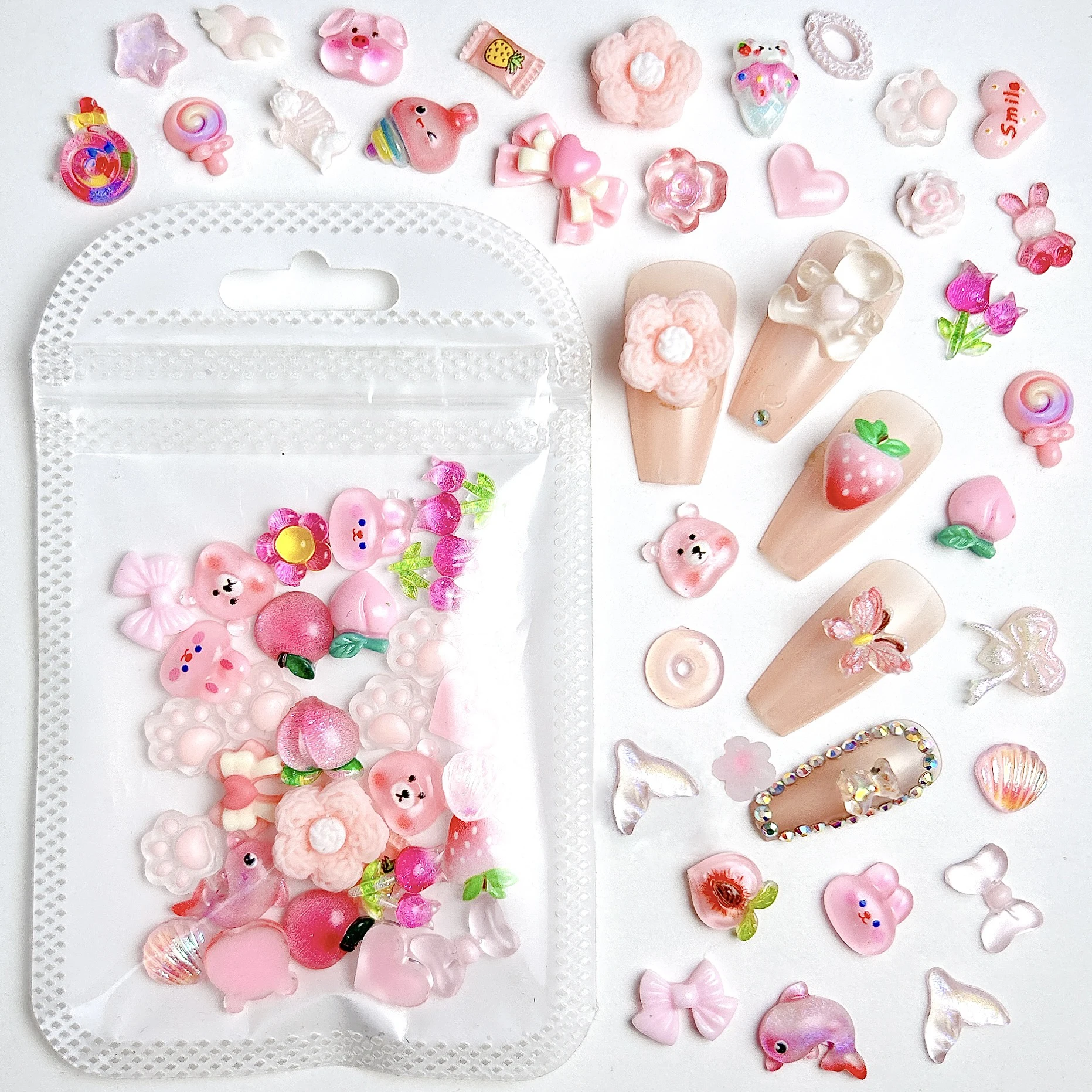 30個入り ランダムミックス ピンクシリーズ リボン ピーチ レジン ネイルチャーム 3D クリエイティブ スイートフラワー ロリポップ ミックス ネイルアートデコレーション DIY用