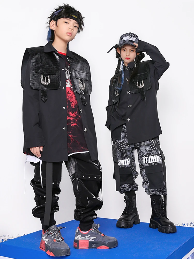 

Outfit Boys Drum Concert Outfit Girls Suit Fashion Children Costume Hip Hop Clothes Black Shirt Pants Leather Performance