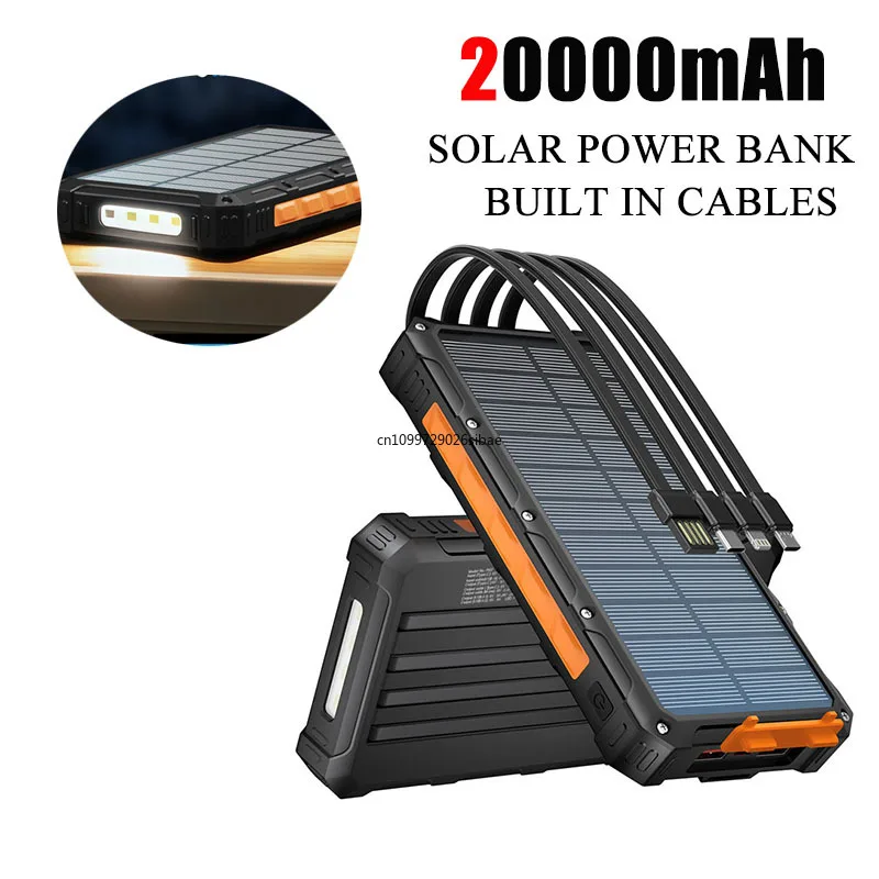 

Солнечная батарея 20000 мАч, портативное зарядное устройство с быстрой зарядкой большой емкости и кабелями, внешний аккумулятор Powerbank для мобильных телефонов