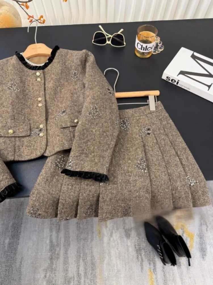Autumn Embroidered Sequins Retro Womens Short Jacket Sets O-Neck Jackets Two-Piece Set Above Knee Length Pleated Skirt Outfits