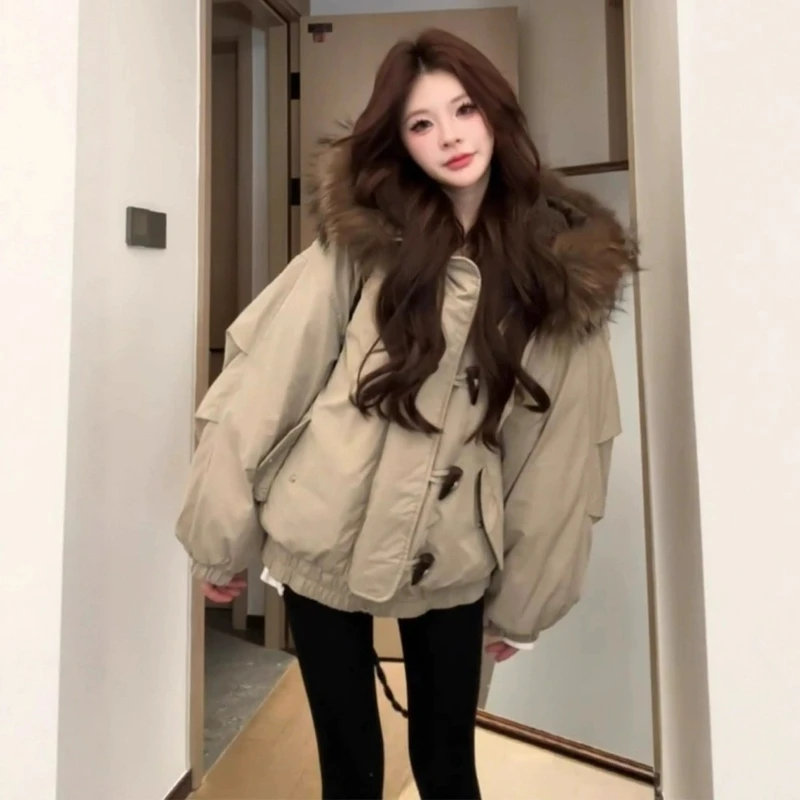

Women Vintage Parkas Buttons Spliced Jackets Hoodies Loose Zipper Long Sleeve Coats Warm Thick Fur Collar Jacket Winter 2025