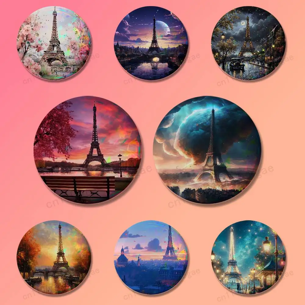 Paris Art Eiffel Tower Badges 25 32 44 58 75 mm Round Cosplay Pin Bag Decor Fans Collect Friends Gifts Brooch Souvenir