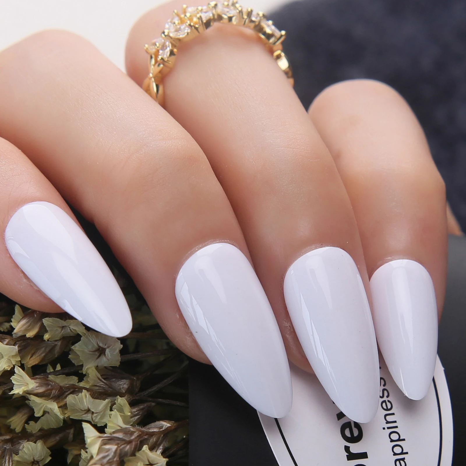 Stiletto White Press on nails Glossy Fake nails Coffin False nails Tips Full Cover Acrylic nails Almond Pure Color Sinple Design