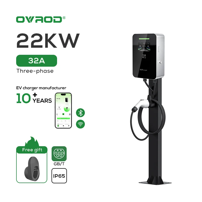 Ovrod 22KW AC Wall Electric Car Charger New 32A 3 Phase EV Charging Station DLB Wifi Control Swipe Card GB/T Compliant Pillar EV