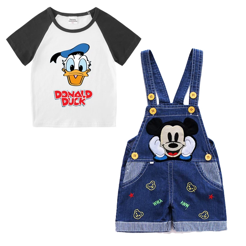 Baby Boy Clothes Mickey Mouse Suits Cotton T-shirt+ Belt Denim Shorts Infant Toddler Set 1-4 Years Boy Summer Clothing Set Ropa