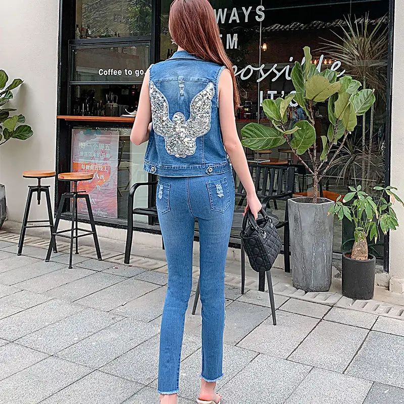 Streetwear Denim Suit Female2022 Spring Summer New White Jeans Elastic Sequined Flower Vest Waistcoat+Trousers Tide High Quality