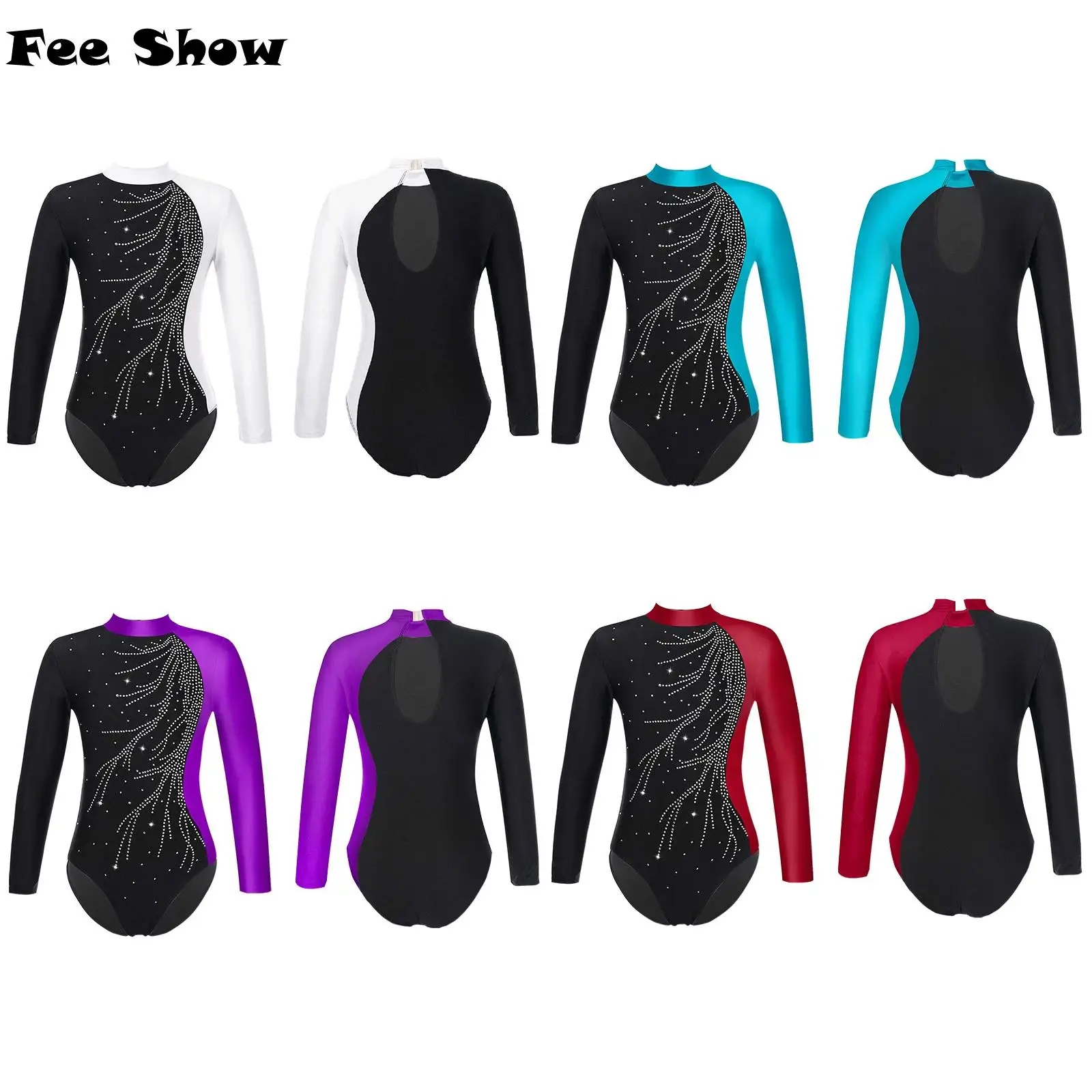 

Kids Girls Ballet Dance Leotards Mock Neck Long Sleeve Shiny Diamonds Adorned Keyhole Back Ice Skating Leotard Jumpsuit