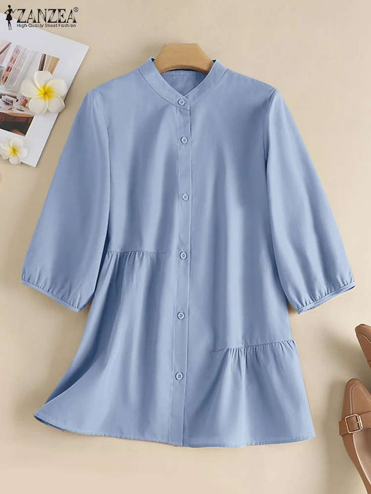 2025 ZANZEA Women Autumn Blouses Fashion Work Shirt Solid Blusas Casual O Neck 3/4 Sleeve Tops Buttons Chemise Oversized Tunic