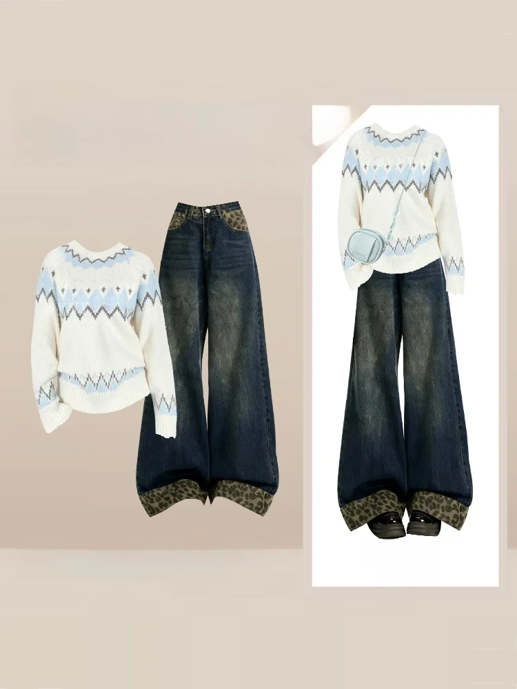 

Winter Faion Knitted Geometric Pattern Sweater And Wide Leg Jeans Women's Anti-Aging Design Casual Sle Two-Piece Set