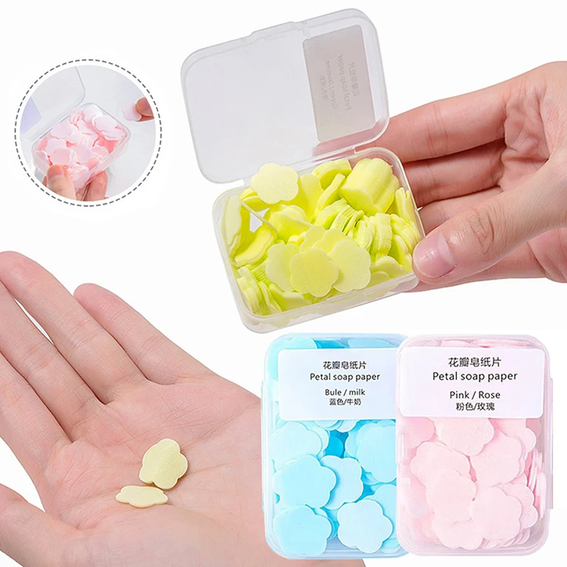 100PCS Lightweight Disposable Mini Flower Shape Paper Soap With Box Hand-washing Soap Paper Flakes Portable Handwashing Soap