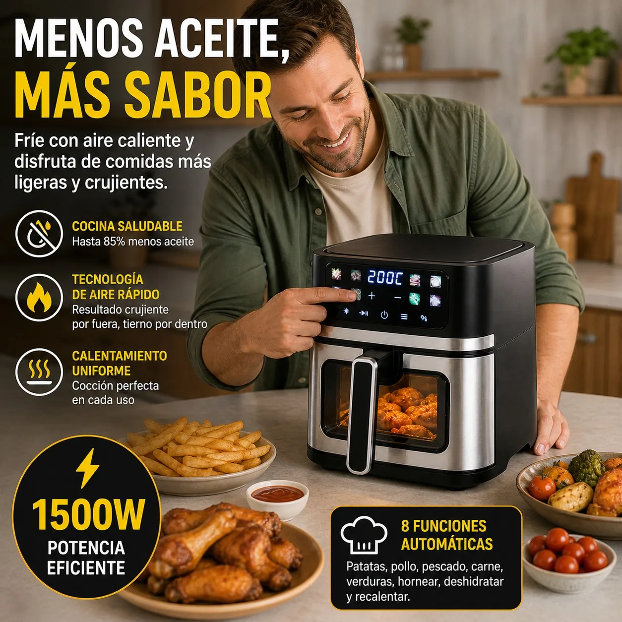 Freidora de Aire Caliente 6.5L con Ventana Visual y Pantalla Táctil LED 1500W Horno Eléctrico Digital sin Aceite 8 Programas de Cocción
