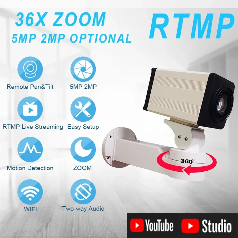5MP Wireless WiFi Mini Ptz Camera 36x ZOOM BOX Live Broadcasting IP IPC 30X Stream Video to YouTube by RTMP Line-in Audio Camhi