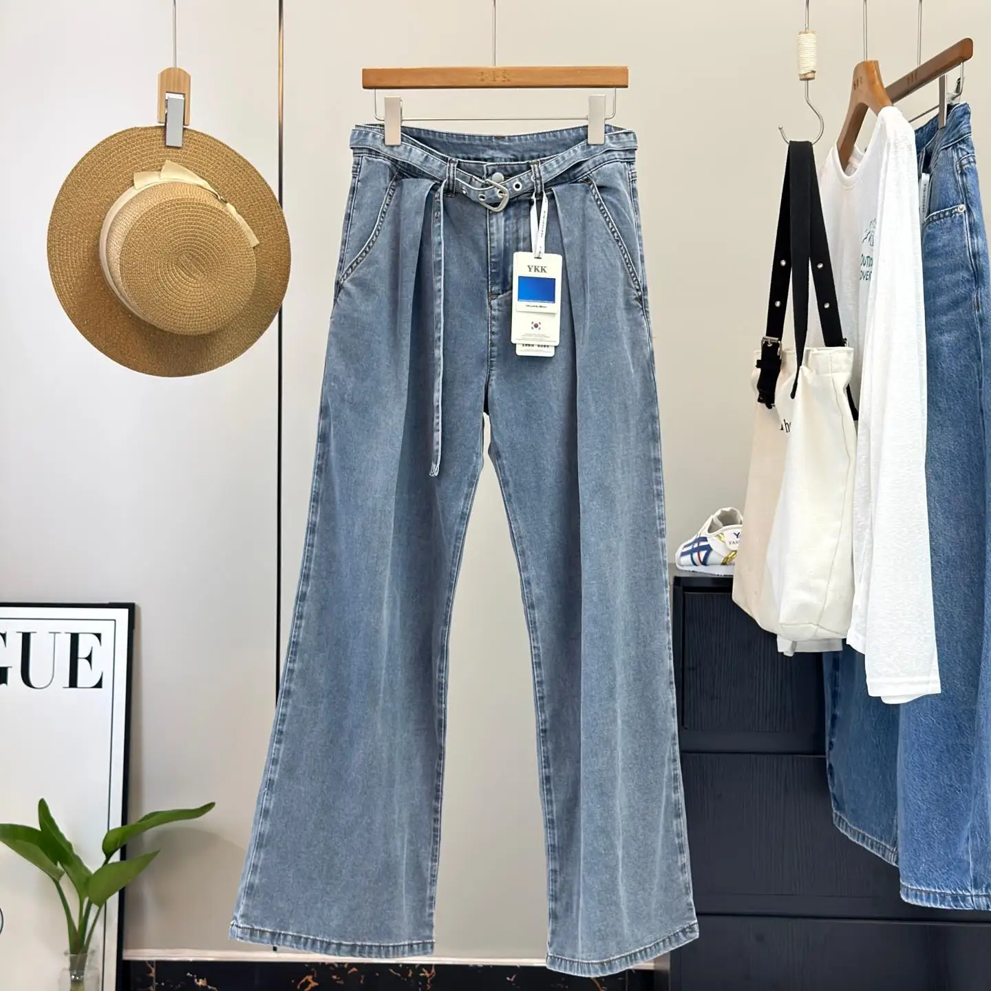 

Summer Cool Sensation Women's High Waist Straight Leg Thin Wide Leg Jeans High Elasticity Lenzing Fabric Comfortable Belted