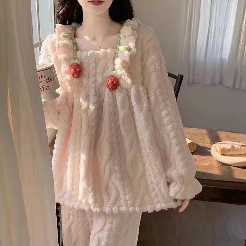 

Thick Coral Flannel Spwear Set Women's Girls Winter Comfort Home Clothes Set Sweet Princess Style Warm Long Sleeve Pajamas Set