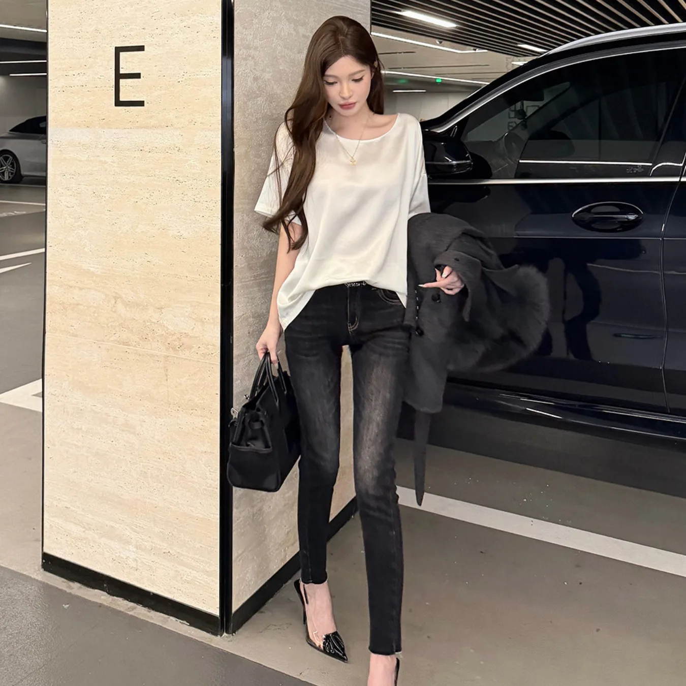 Retro Korean Style Stretchy Slim Fit Nine Inch Cuffed Jeans High Elasticity Comfortable Cotton Polyester Blend Daily Wear
