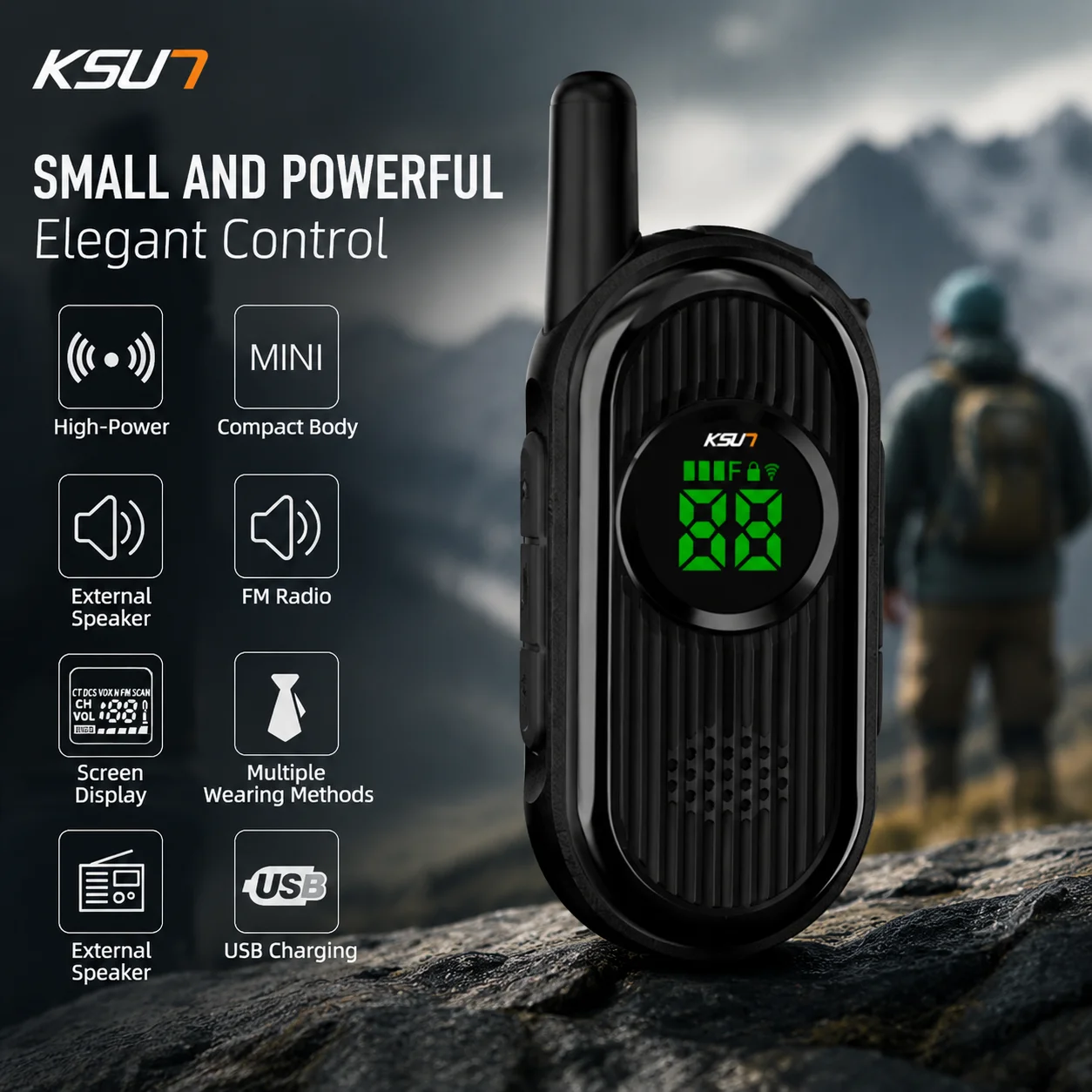 KSUN V9 USB LED Screen FM Radio Rechargeable Small 400-470MHz UHF Two Way Radio Mini Walkie-Talkie