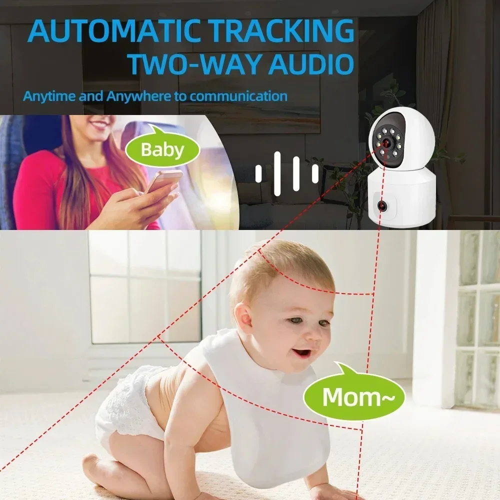 4K WiFi IP PTZ Security Camera Dual Lens Indoor Color Night Vision Surveillance Cameras Wireless Auto Tracking Baby Monitor Cam