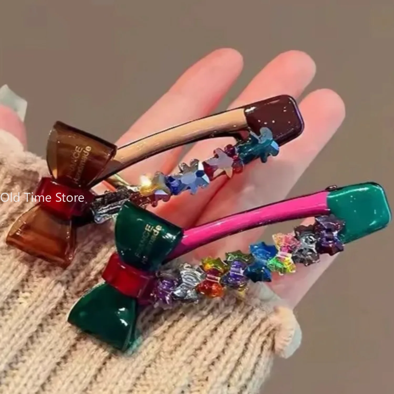 

Girl Colored Crystal Bow Full Diamond Texture Bangs Side Clip Duck Bill Clip Female with Acetate Bow Shark Clip