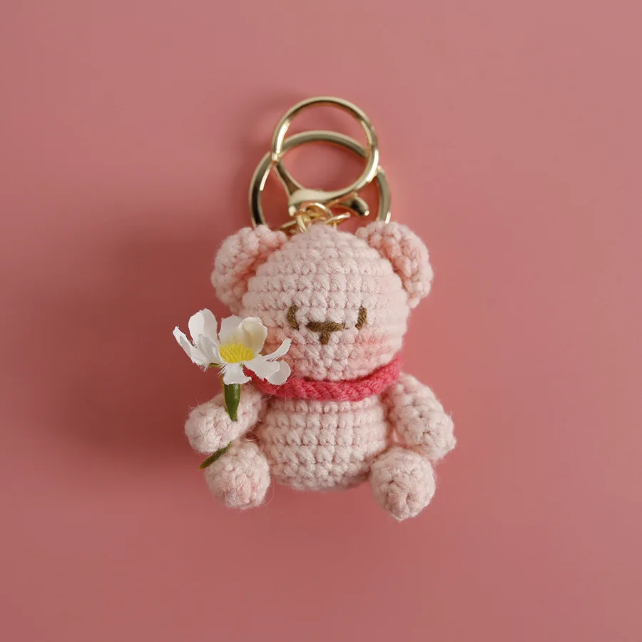 Small Bear Crochet Keychains Cute Bear With Flower Knitting Doll Keyrings Wholesale  Creative Car Keys Keychain Bag Pendant New